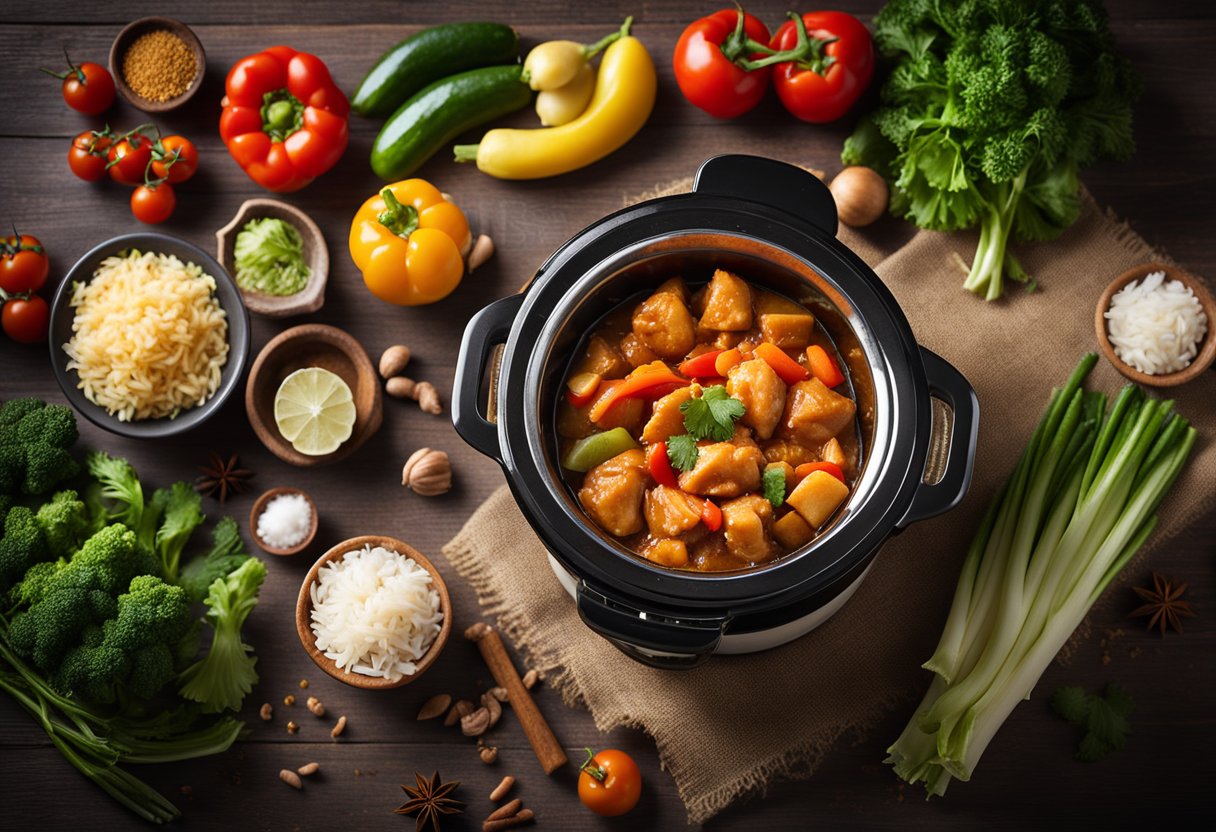 A slow cooker filled with sweet and sour chicken, surrounded by fresh vegetables and a blend of flavorful spices