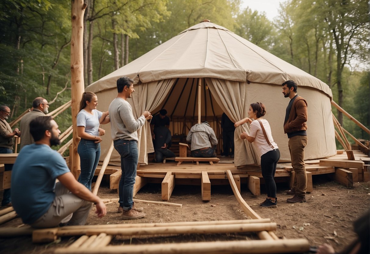 A group of people construct a sturdy yurt using wooden beams and canvas, following a set of instructions