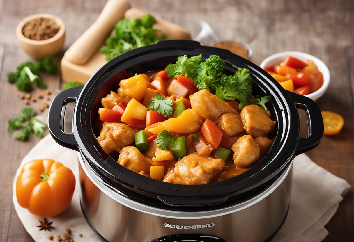 A slow cooker filled with sweet and sour chicken, surrounded by colorful vegetables and a variety of spices