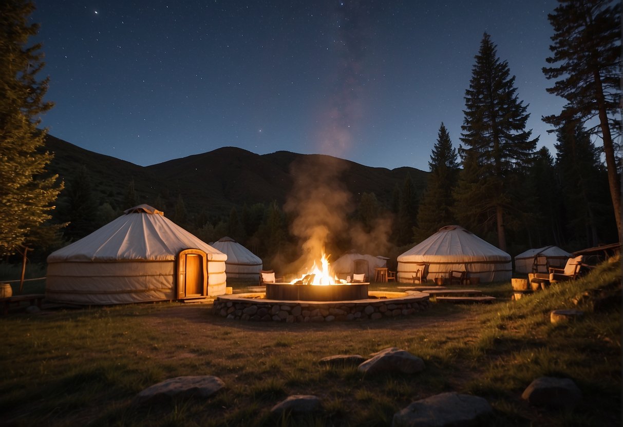 A yurt campsite nestled in a tranquil valley, with several traditional yurts arranged in a semi-circle around a central fire pit. Tall trees and rolling hills surround the camp, with a clear night sky overhead