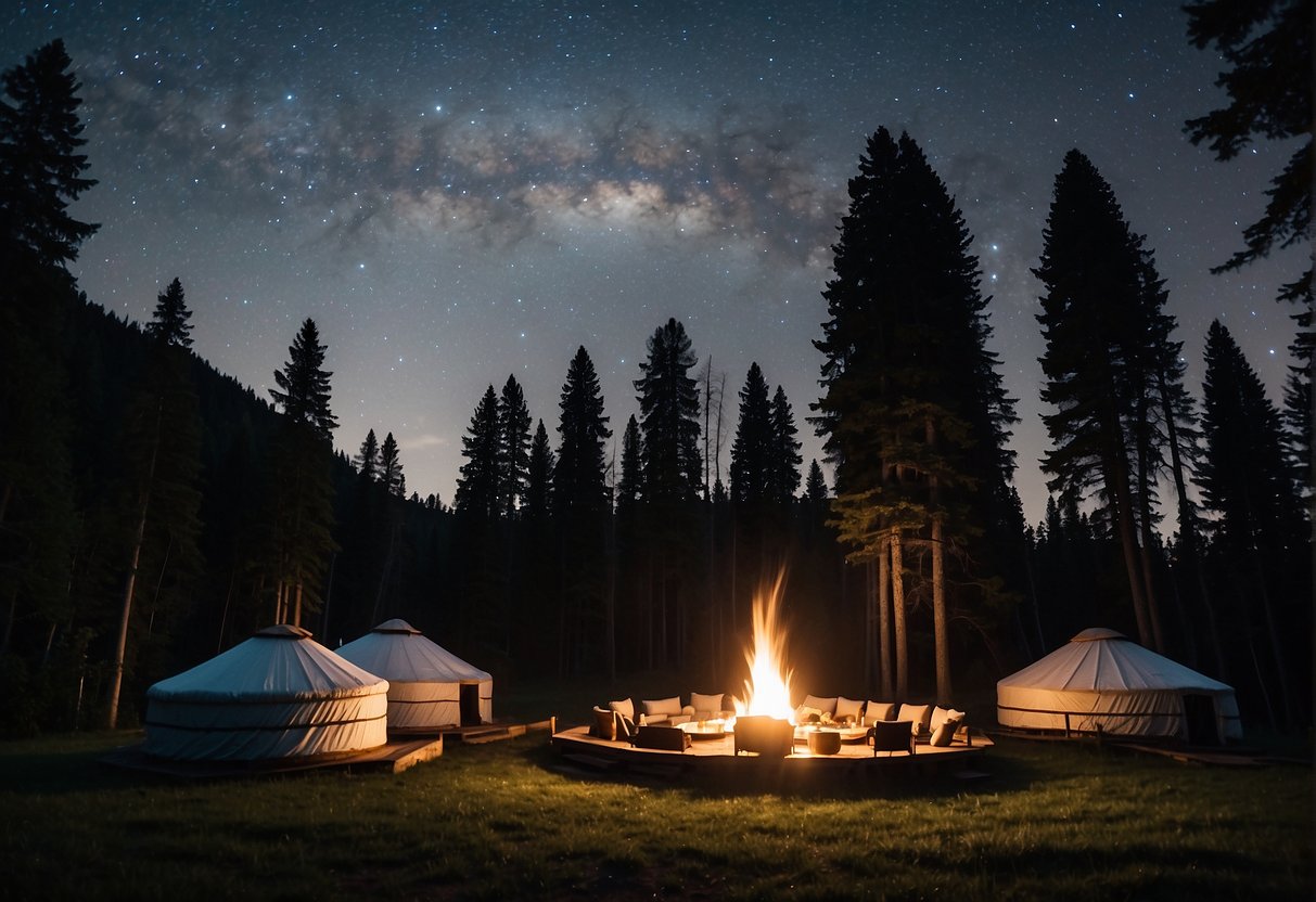 A yurt campsite nestled in a serene forest clearing, with several traditional yurts arranged in a circle around a crackling campfire. Tall trees and a starry night sky complete the tranquil scene