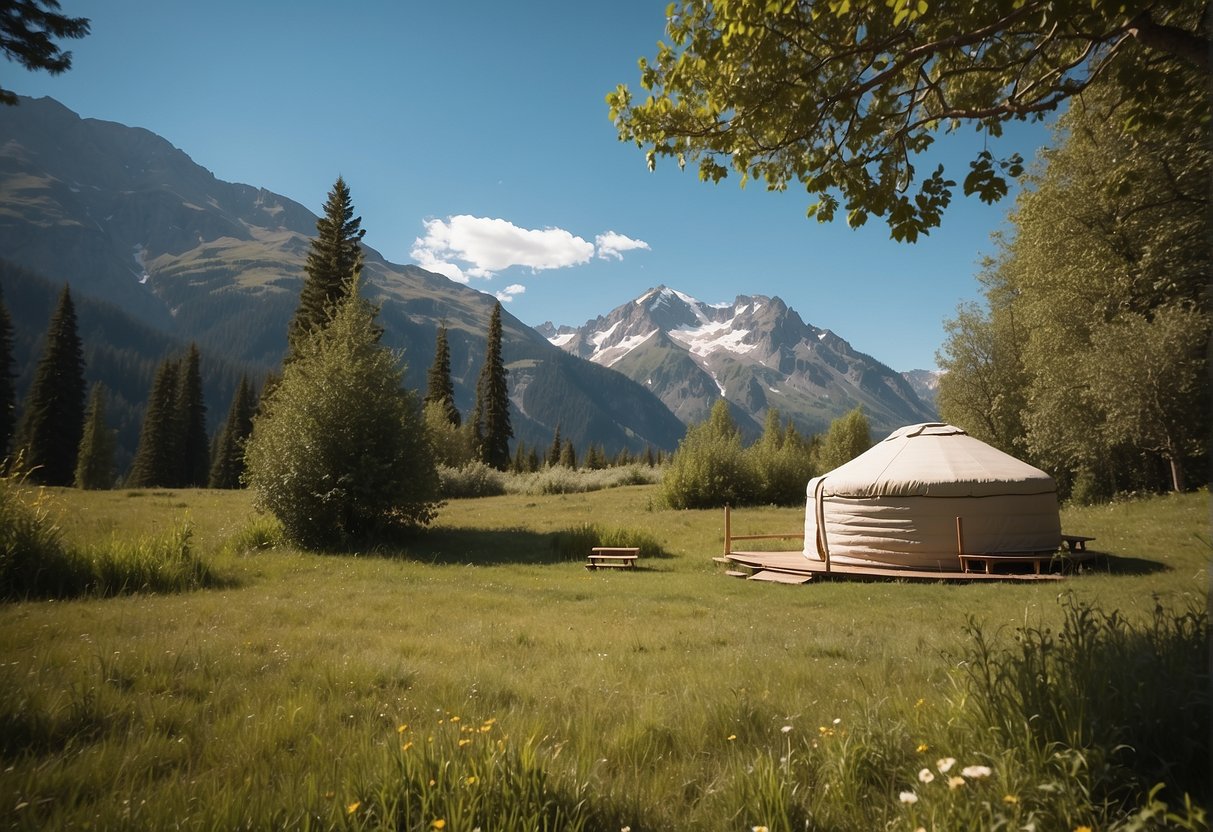 A yurt campsite nestled in a serene meadow, surrounded by lush greenery and towering mountains, with a clear blue sky overhead