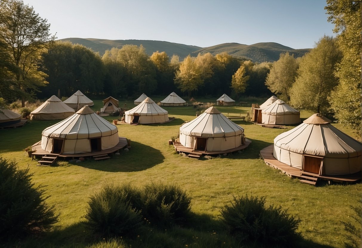 A yurt campsite nestled in a serene natural setting, with several traditional yurts arranged in a circle around a central communal area