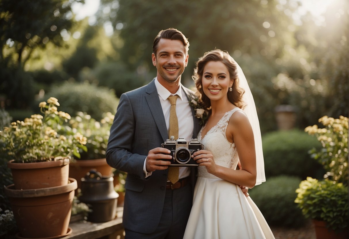 A bride and groom stand in a sunlit garden, surrounded by vintage cameras and film rolls. The couple smiles as they hold up a developed photograph, capturing their joy on their wedding day