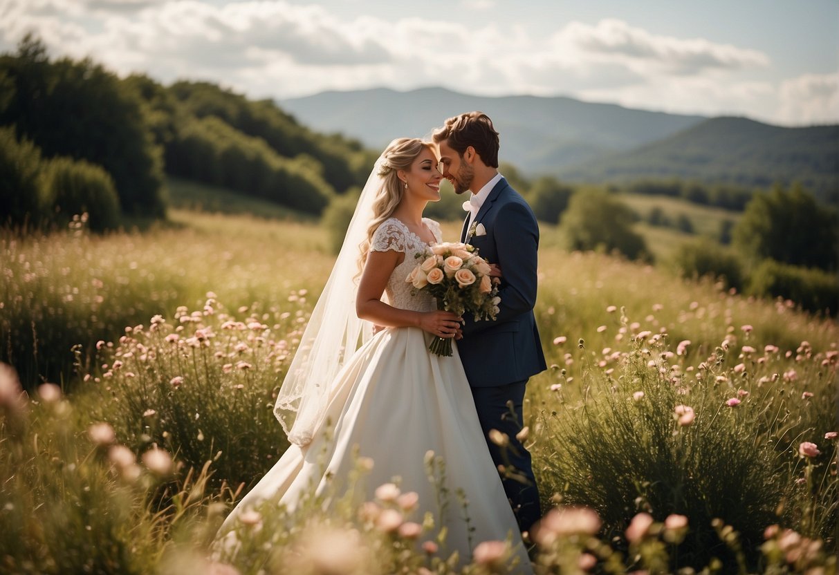 A bride and groom stand in a sun-drenched field, surrounded by wildflowers. The groom holds a vintage film camera, while the bride holds a bouquet of roses. The couple looks lovingly at each other, capturing the essence of their film wedding