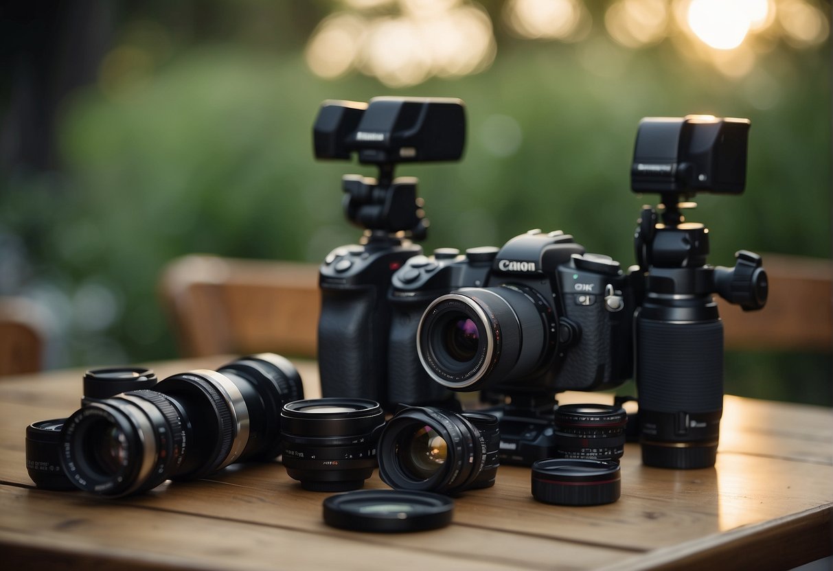 A table holds film cameras, lenses, and tripods. Soft light falls on the equipment, creating a warm and inviting atmosphere for wedding film photography