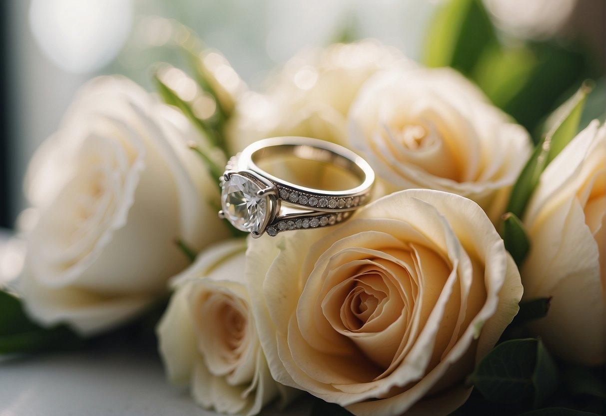 A film wedding photographer captures a couple's rings resting on a bouquet, with soft natural light streaming in from a nearby window