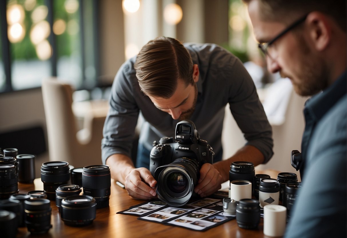 A photographer setting up equipment and arranging wedding photo prints for display at a reception