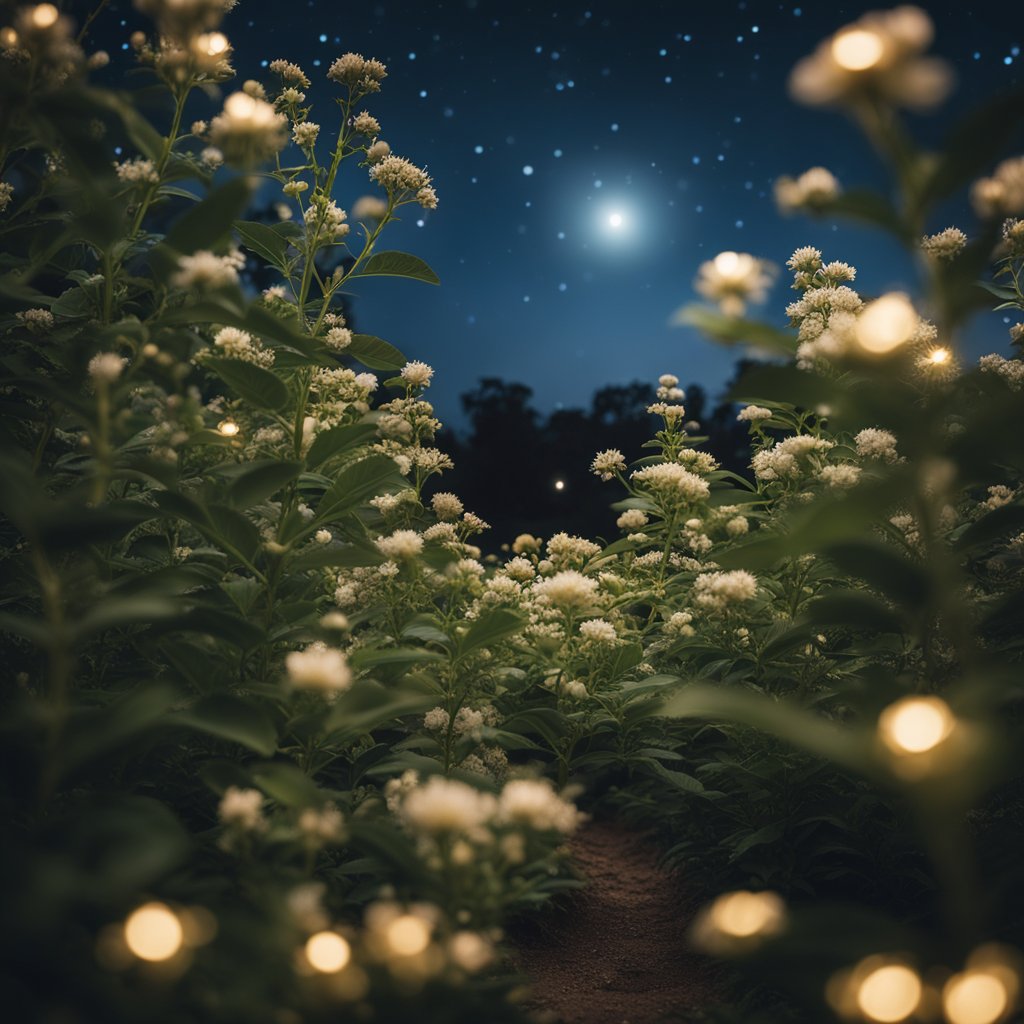 A serene garden with blooming ashwagandha plants under a starry night sky