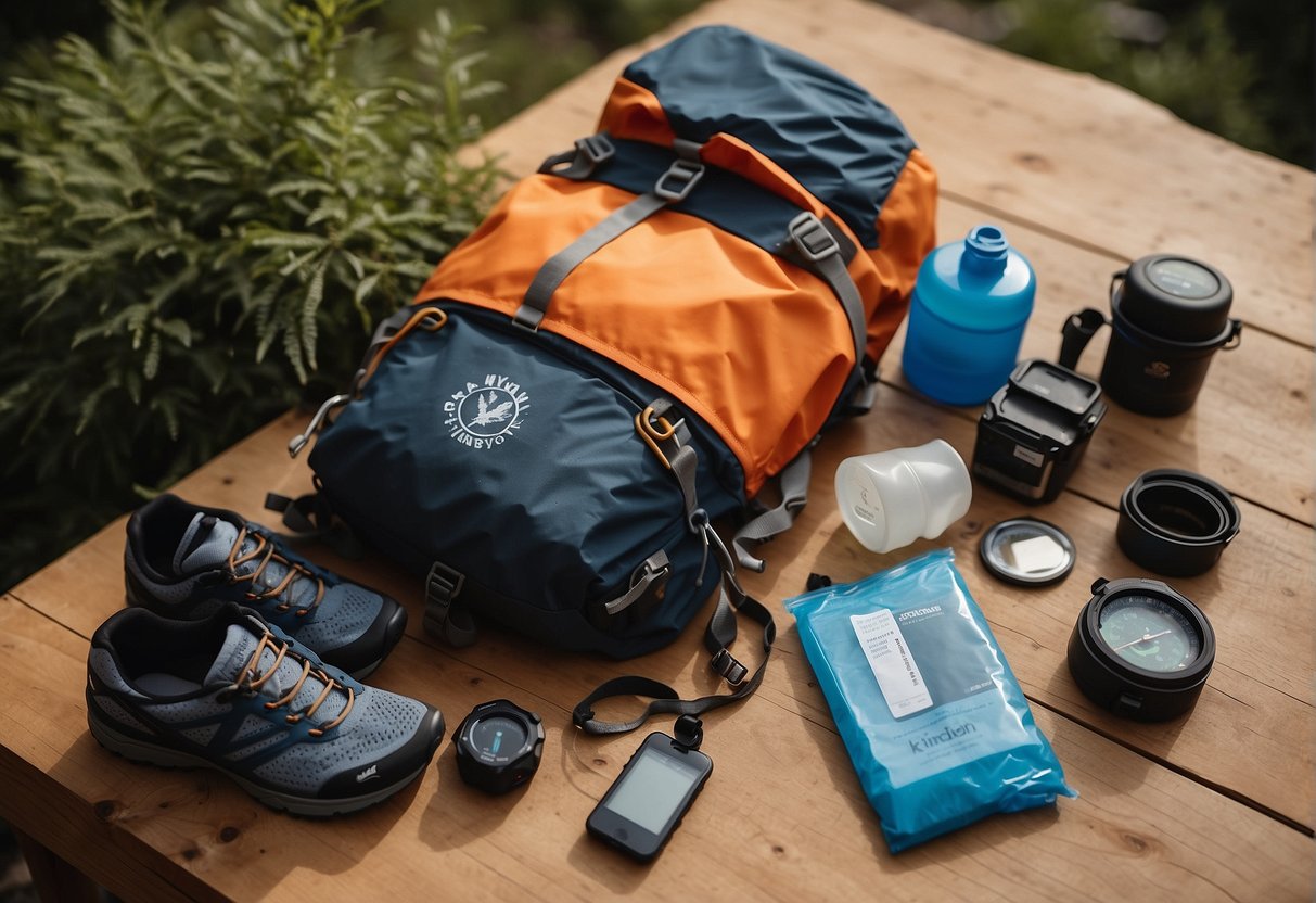 A trail runner's gear laid out: hydration pack, trail shoes, energy gels. Map and compass on a table