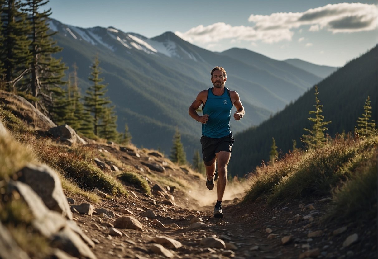 A runner crosses a rugged terrain, transitioning from a marathon to a 50k ultra race. The trail winds through dense forests and steep hills, with a distant mountain peak in the background