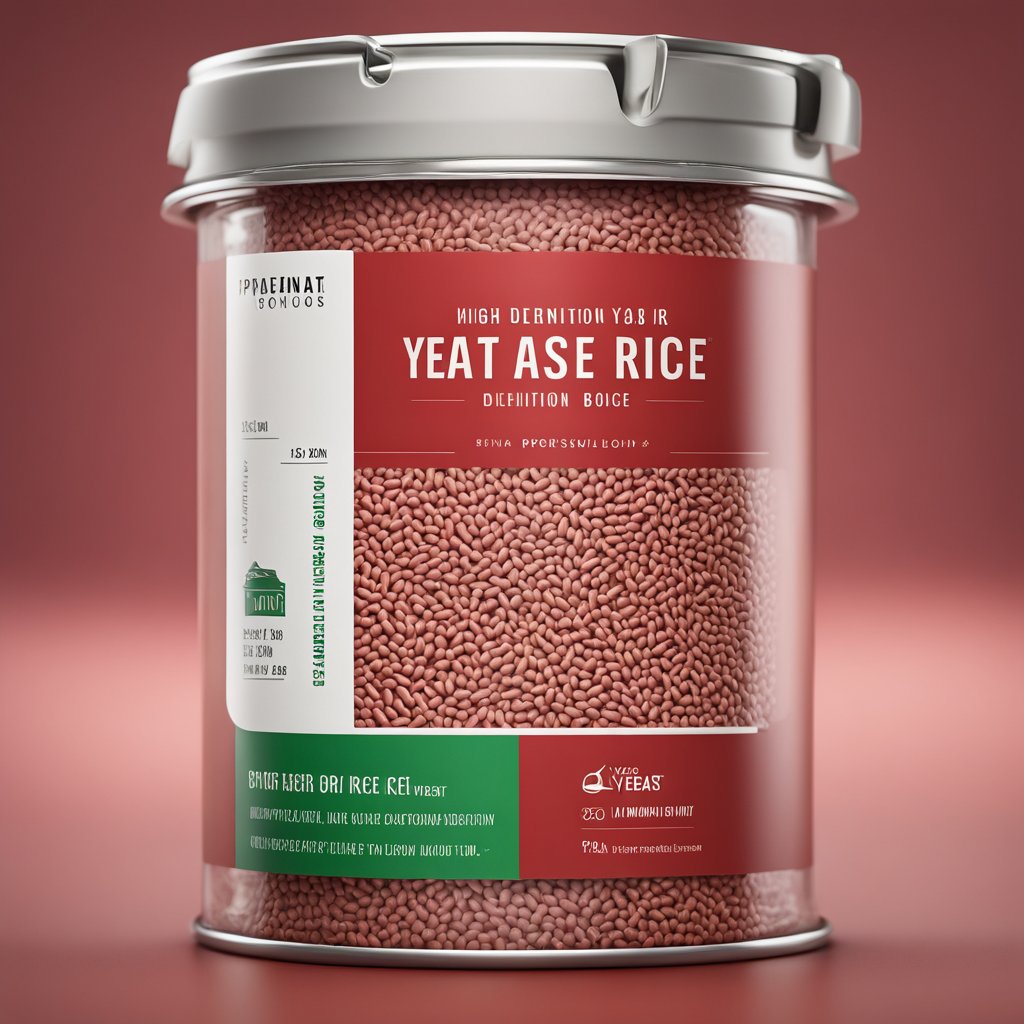 A vibrant red yeast rice brand label stands out on a sleek, modern packaging, with bold and clear typography