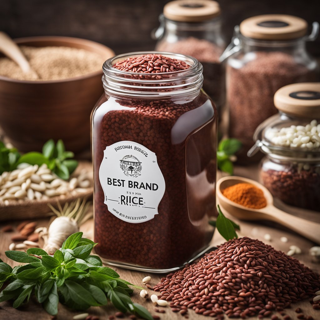 A jar of red yeast rice sits on a wooden countertop, surrounded by various herbs and spices. The label on the jar reads "best brand."