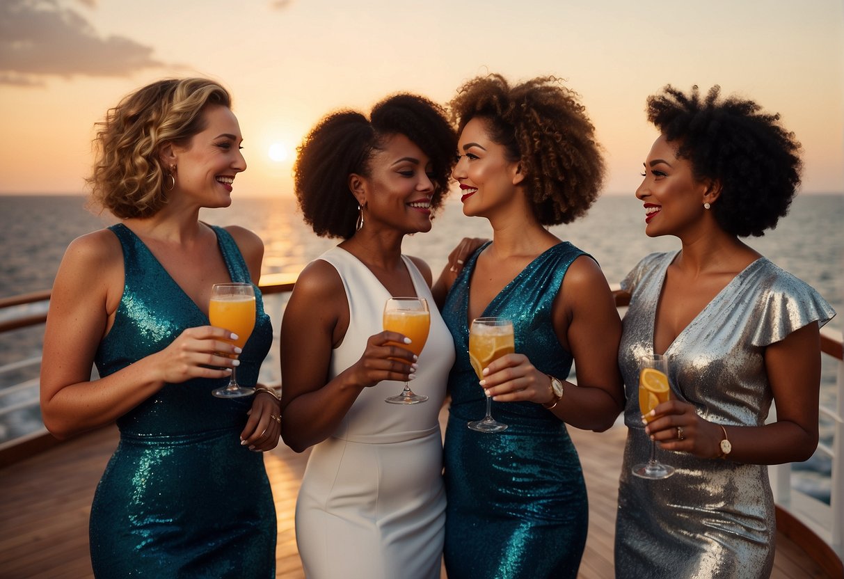 A group of women in matching outfits enjoy cocktails on the deck of a luxurious cruise ship, surrounded by sparkling ocean waves and a stunning sunset