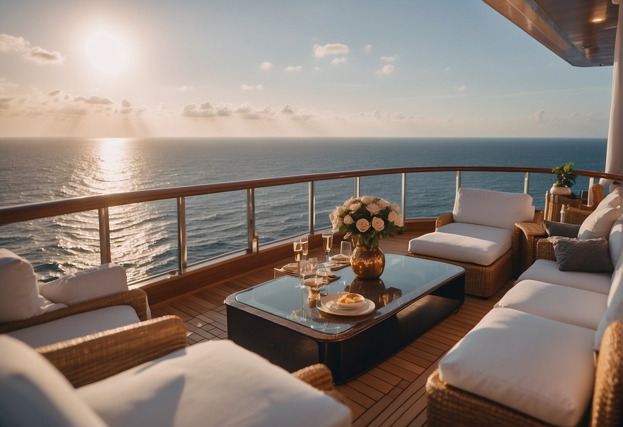 A luxurious cruise ship deck with elegant decor, plush seating, and scenic ocean views, set up for a bachelorette party with sparkling drinks and comfortable amenities