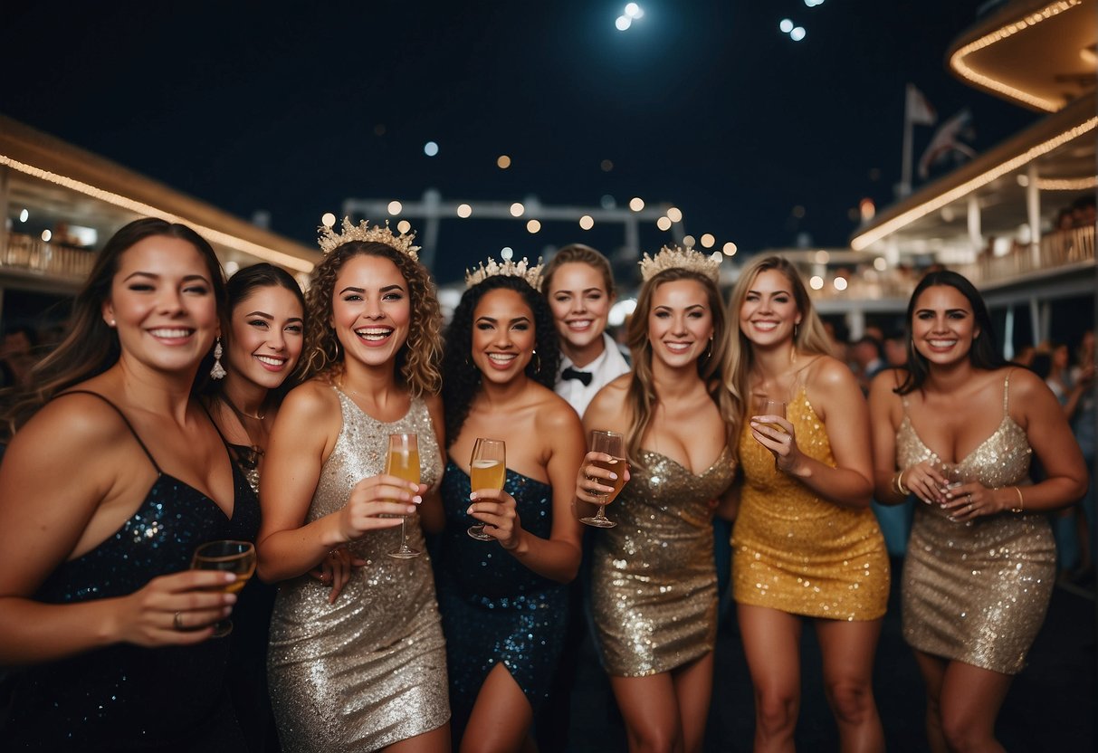 A lively bachelorette party on a cruise, with music, dancing, and cocktails under the stars