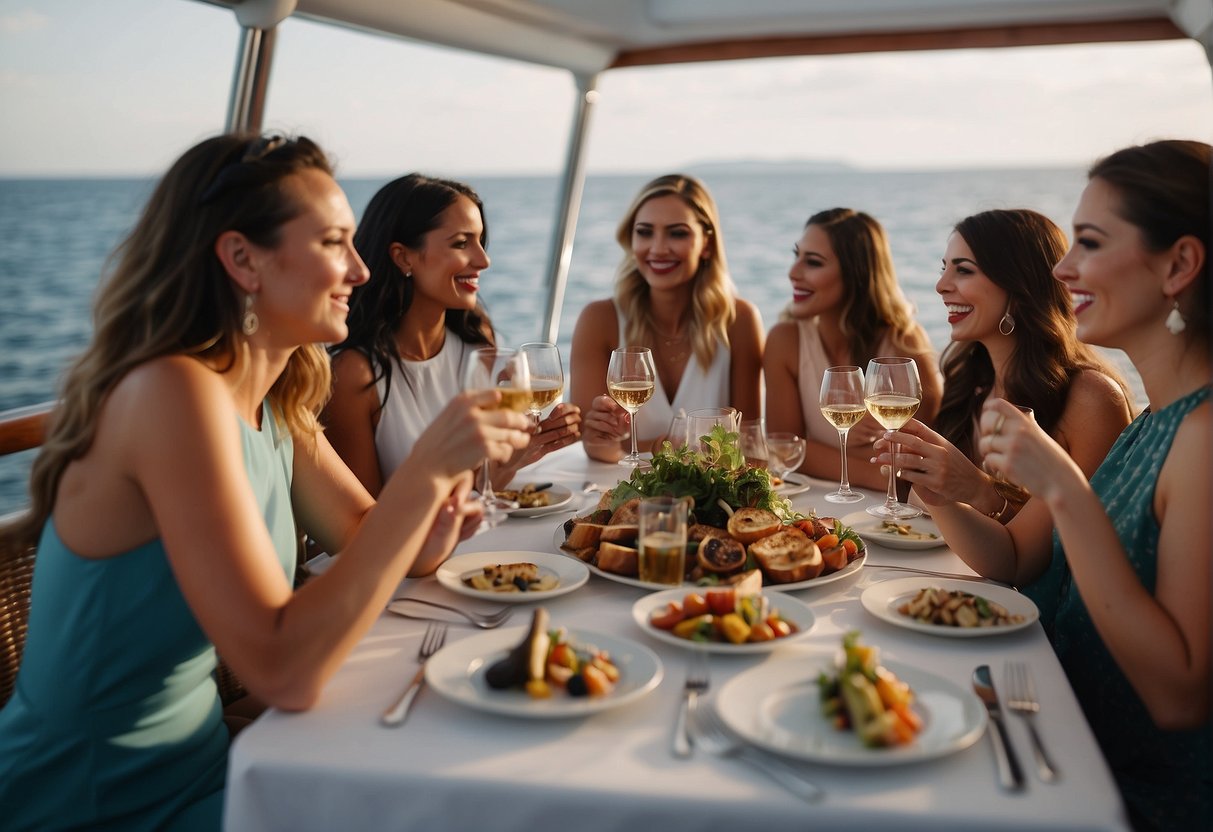 A group of women enjoy a culinary bachelorette party on a luxurious cruise, savoring gourmet dishes and fine wines against the backdrop of the open sea