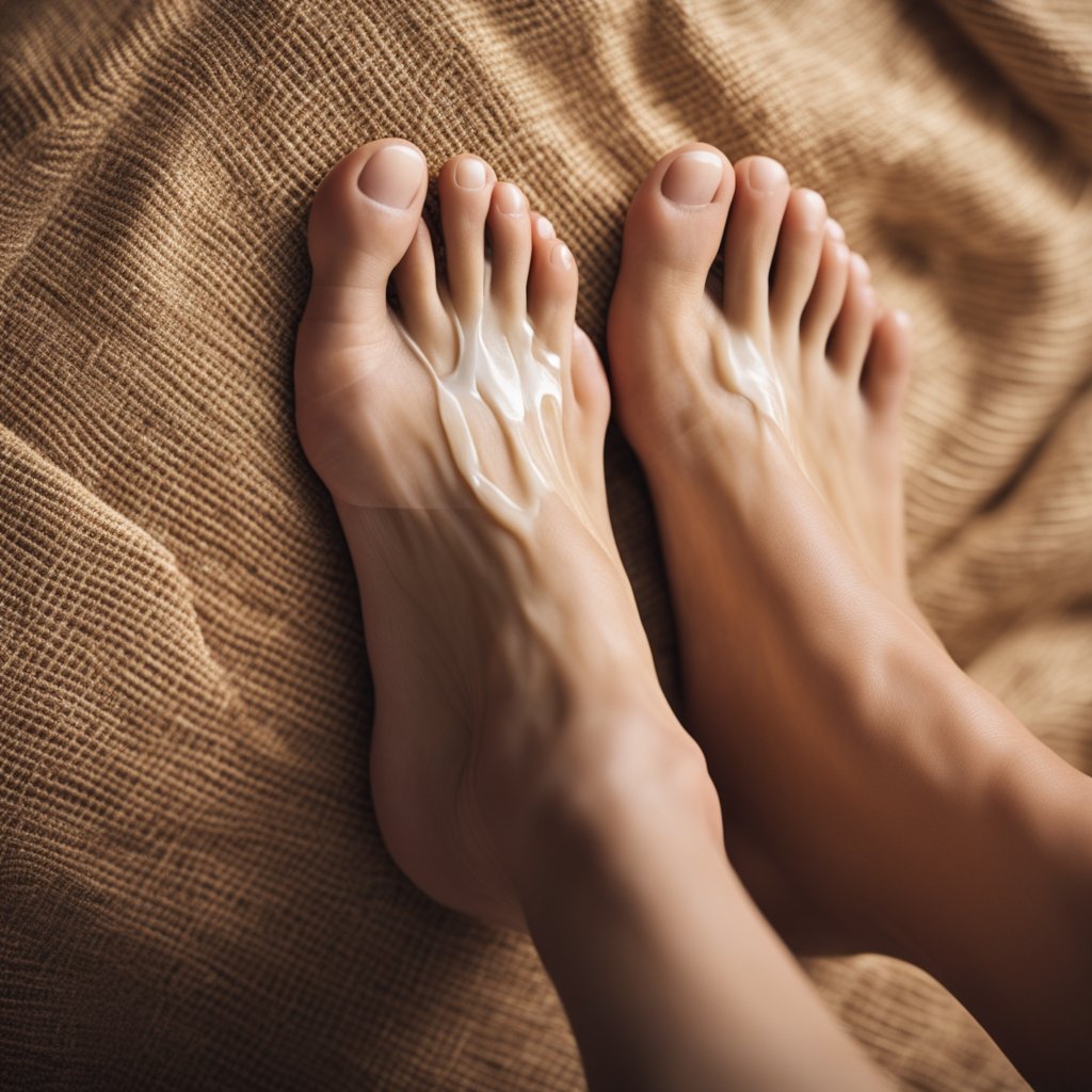 A pair of dry, cracked feet being gently moisturized with a rich, nourishing foot cream. The moisturizer is being massaged into the skin, providing deep hydration and relief