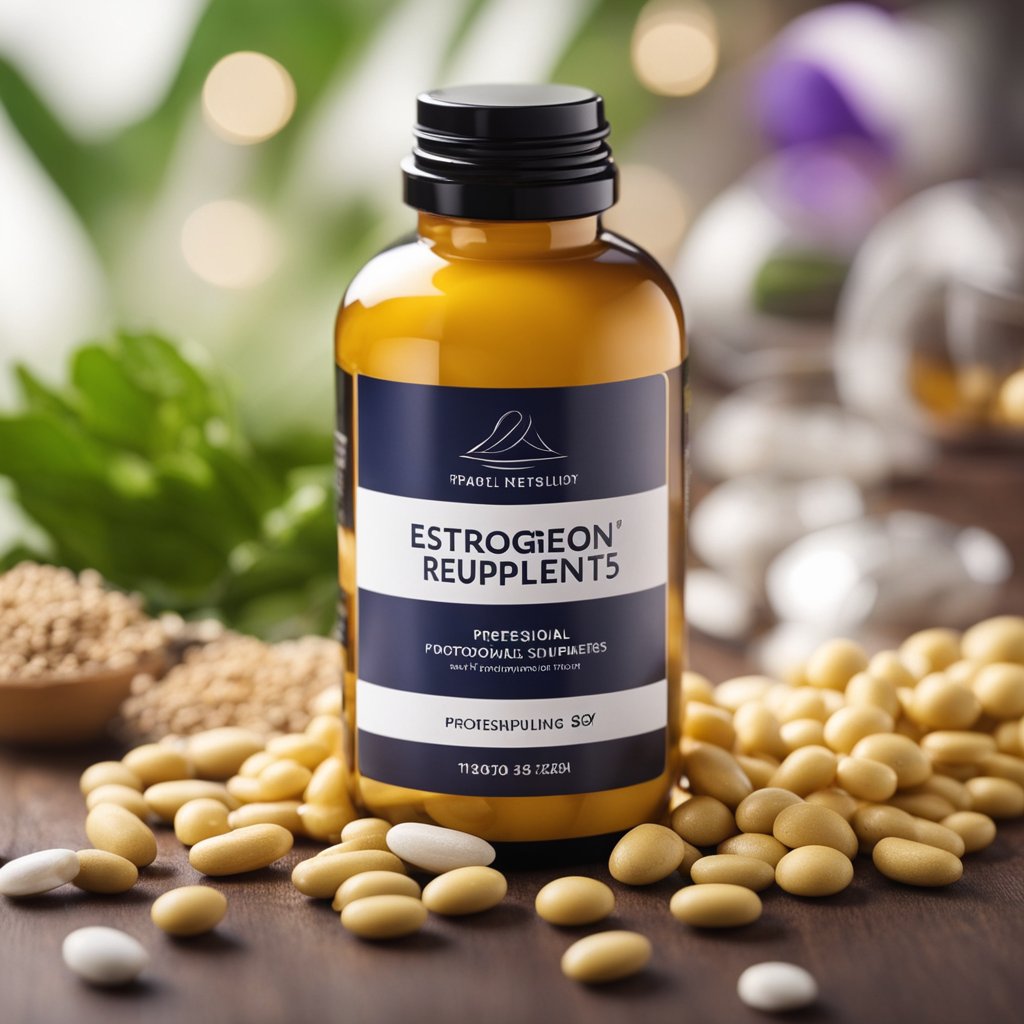 A bottle of estrogen reducing supplements surrounded by natural ingredients like soy, flaxseed, and turmeric