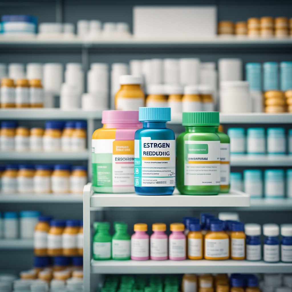 A bottle of estrogen-reducing supplements sits on a pharmacy shelf, with a label highlighting its impact on health