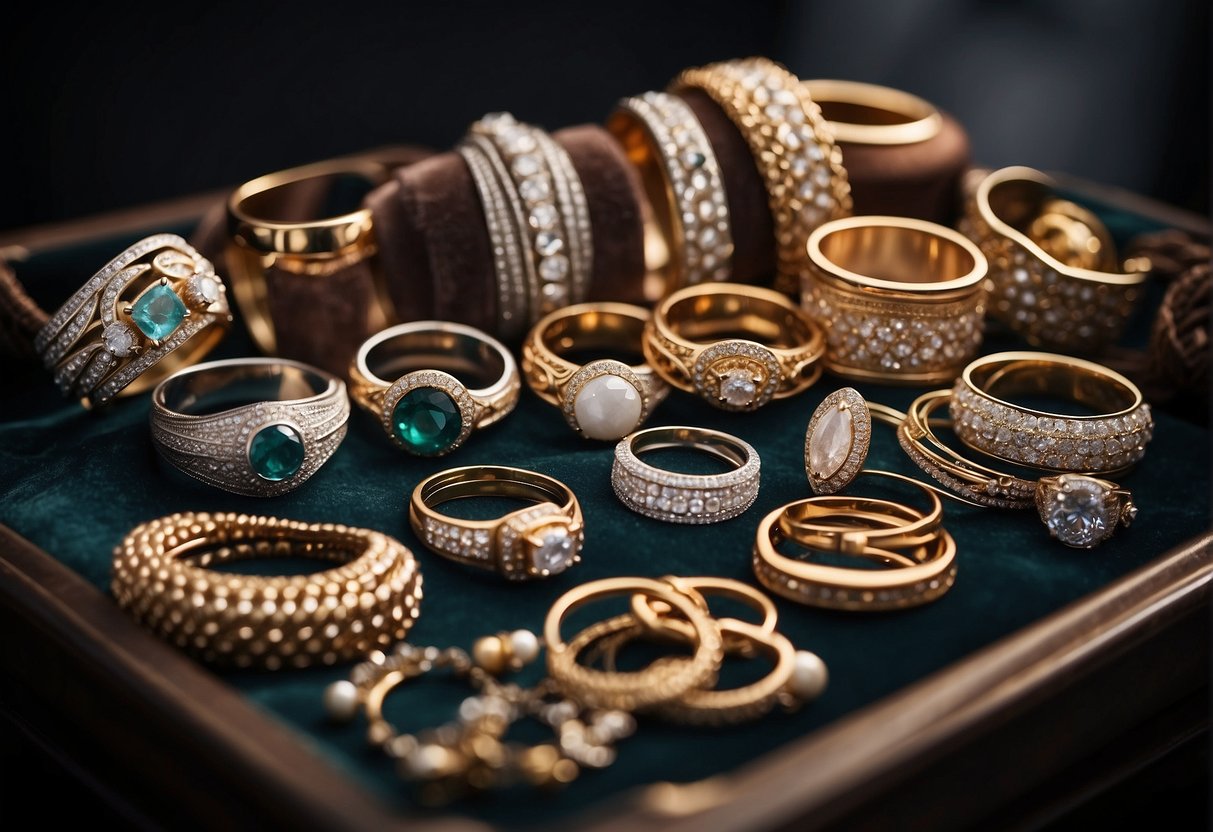 A display of timeless jewelry, including rings, necklaces, and bracelets, arranged on a velvet-lined tray under soft lighting