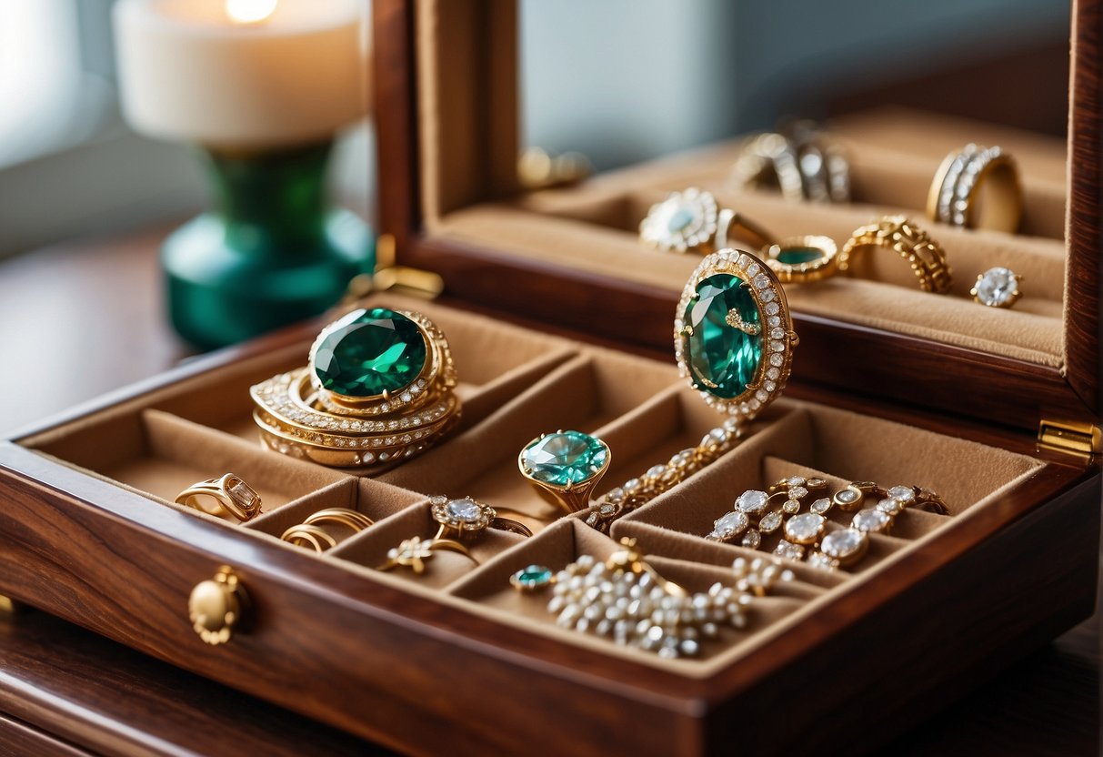 A jewelry box open on a dresser, with various pieces of permanent jewelry displayed inside, including rings, necklaces, and earrings