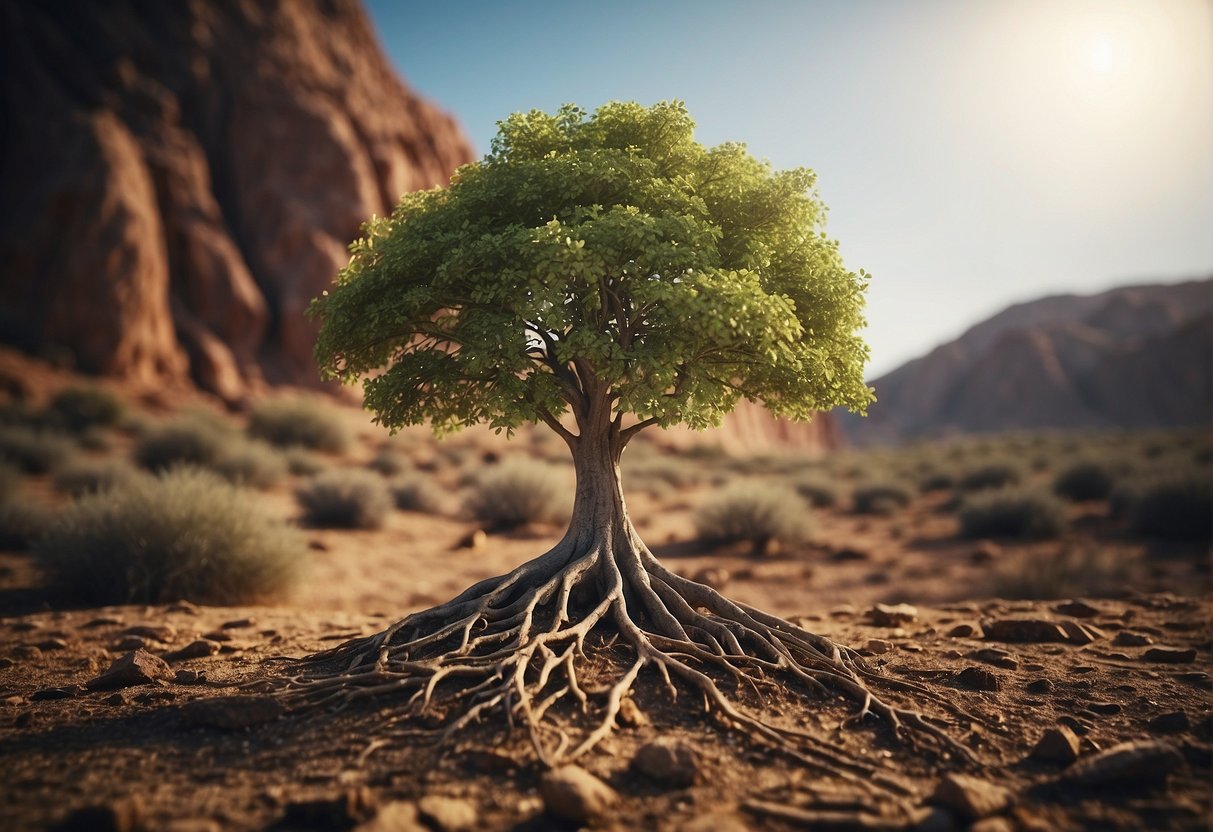A Tree Growing Tall Amidst A Barren Landscape, With Vibrant Leaves And Strong Roots Symbolizing Empowerment Theory