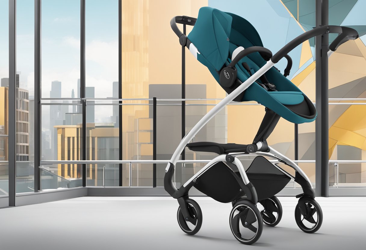 The Cybex Libelle stroller stands gracefully against a backdrop of modern city buildings, its sleek and lightweight frame exuding a sense of versatile design philosophy