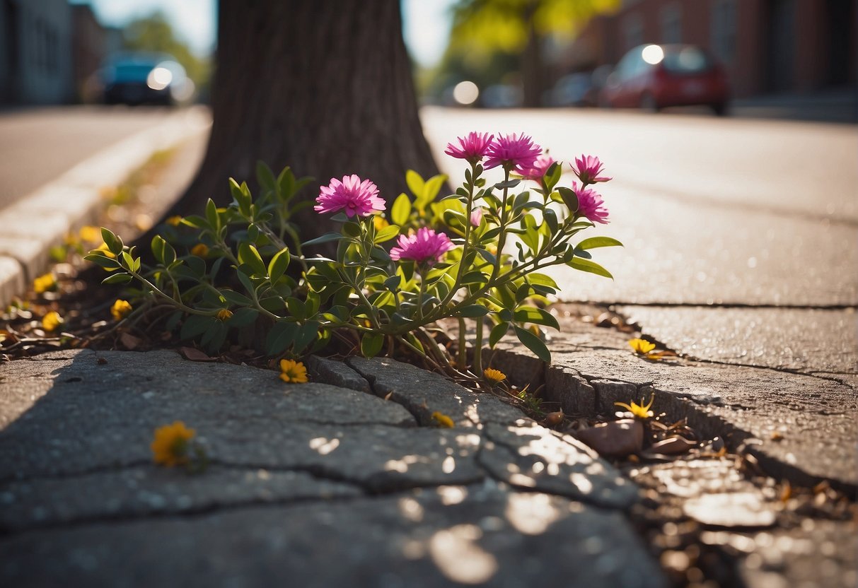 A Tree Growing From A Cracked Sidewalk, Surrounded By Vibrant Flowers And Reaching Towards The Sunlight, Symbolizing The Growth And Resilience Of Empowerment Theory