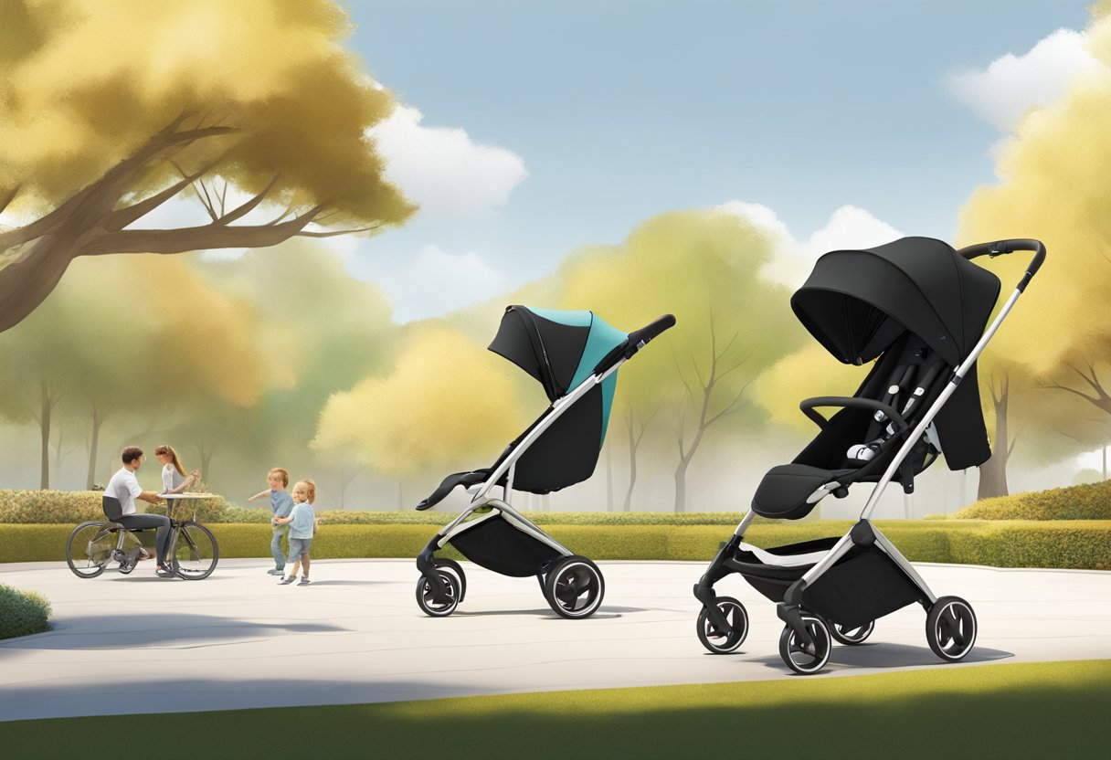 The Cybex Libelle stroller stands folded in front of a sunny park, surrounded by a variety of terrains. Its sleek and lightweight design is highlighted, showcasing its versatility for on-the-go parents
