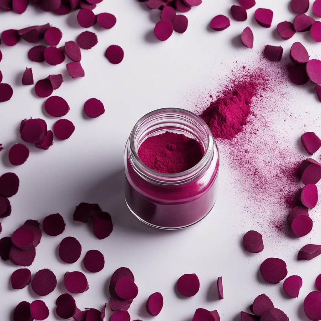 A vibrant pile of beet root powder spills from a glass jar onto a clean white surface. The powder is rich in color and finely ground, creating a striking image