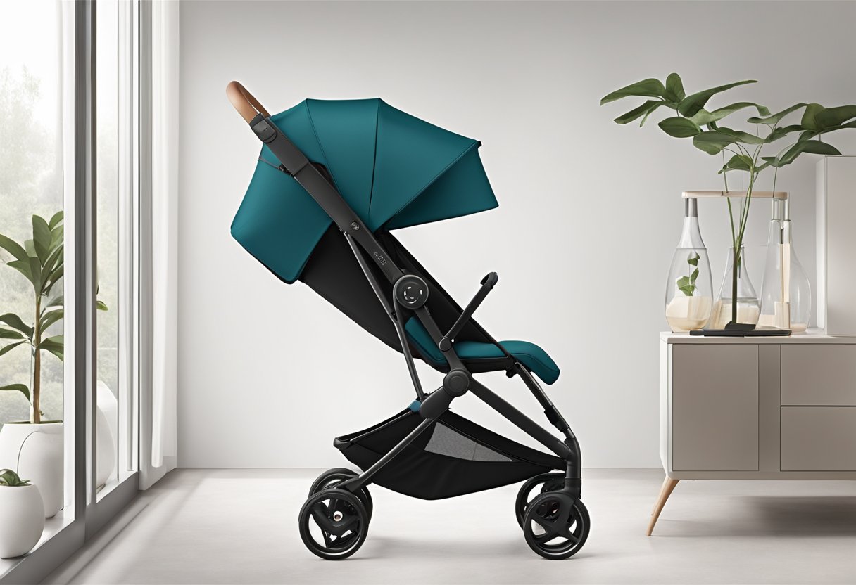 The Cybex Libelle stroller is being folded effortlessly with one hand, showcasing its lightweight and versatile design. Accessories and care items are neatly organized nearby