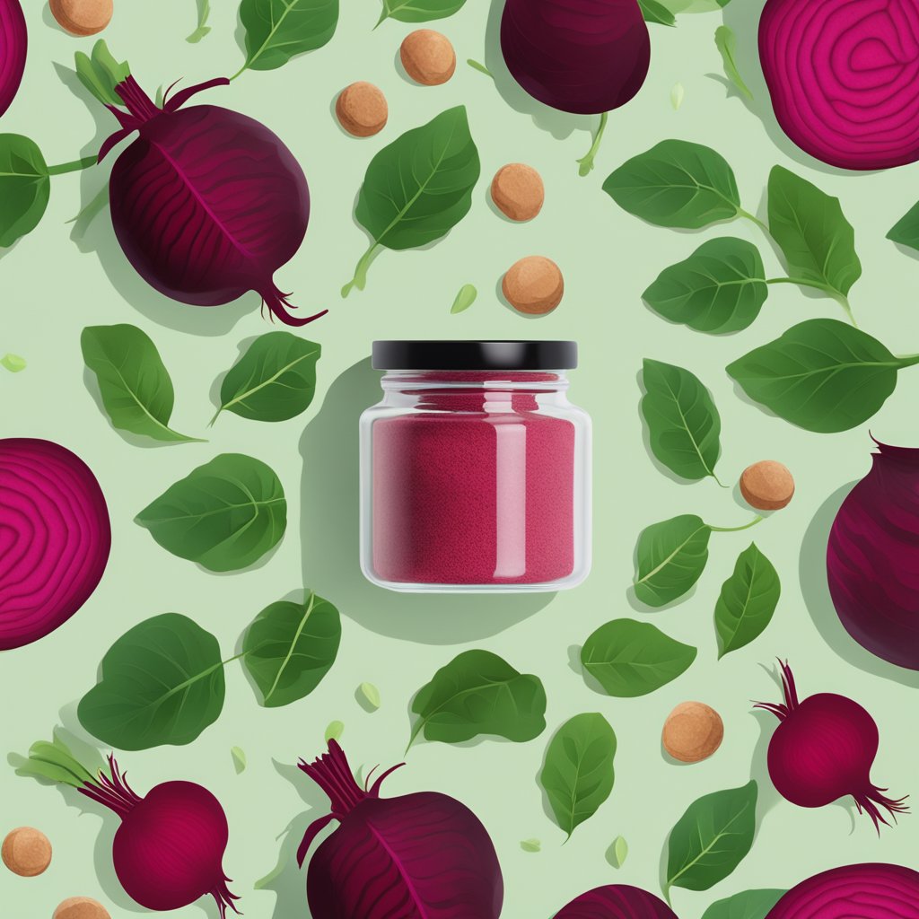 A glass jar filled with vibrant red beet root powder, surrounded by fresh beets and green leaves. A subtle glow highlights the health benefits of the powder