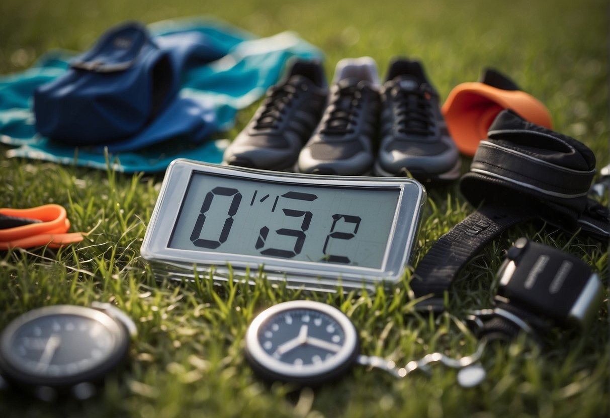 Runners lay out gear, pin on bibs, check watches, and stretch on a grassy field. Time chart shows start, splits, and finish
