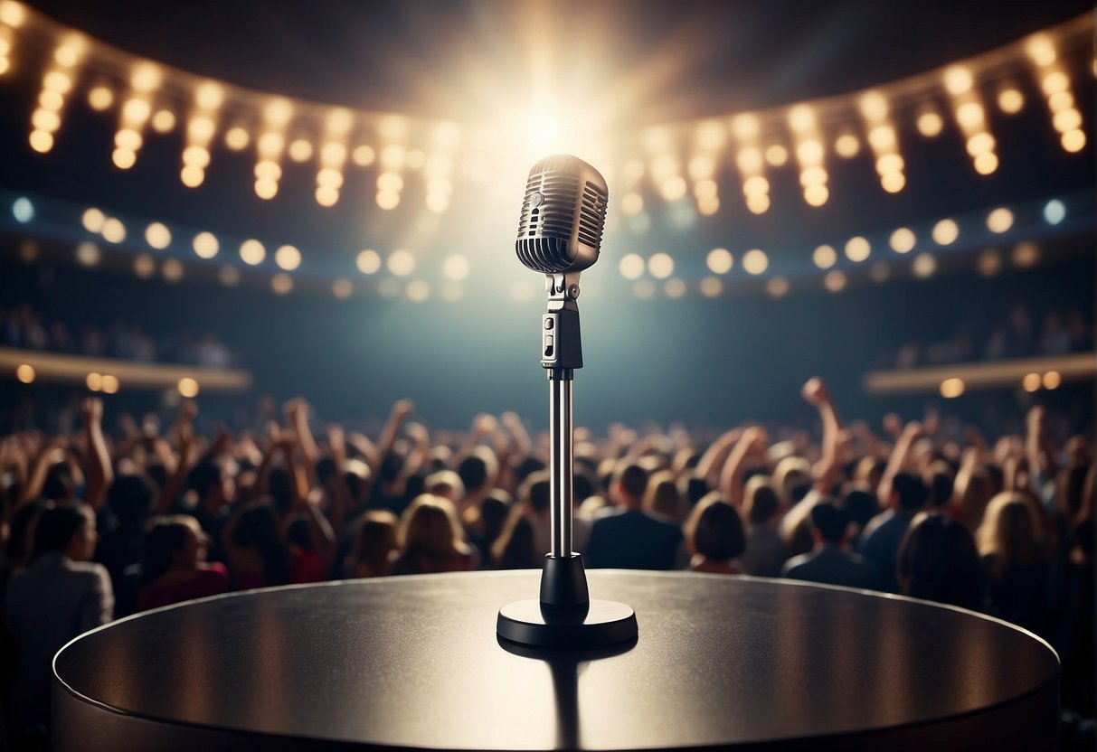 A Stage With A Microphone Stand, Surrounded By Bright Lights And A Cheering Crowd, With The Words &Quot;Empowerment&Quot; And &Quot;Strength&Quot; Displayed In Bold Letters