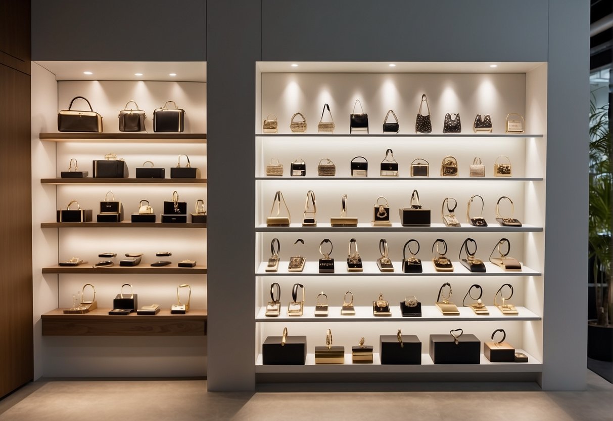 A display of permanent jewelry in a sleek, modern boutique with bright lighting and clean, minimalist decor. Shelves and cases showcase a variety of earrings, necklaces, and rings, all with a distinct, high-quality aesthetic