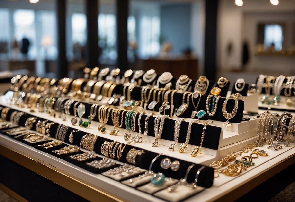 A jewelry store display with a variety of permanent jewelry options, including earrings, necklaces, and bracelets. A sign indicates care instructions for maintaining the jewelry's quality