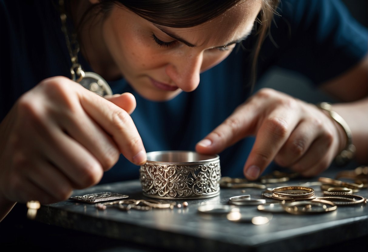 A jewelry artist carefully etches a delicate design onto metal, preparing for the permanent jewelry process