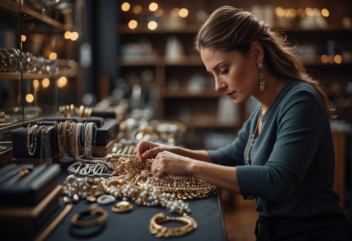 A person setting up a permanent jewelry business, researching certification requirements and displaying various jewelry designs for inspiration