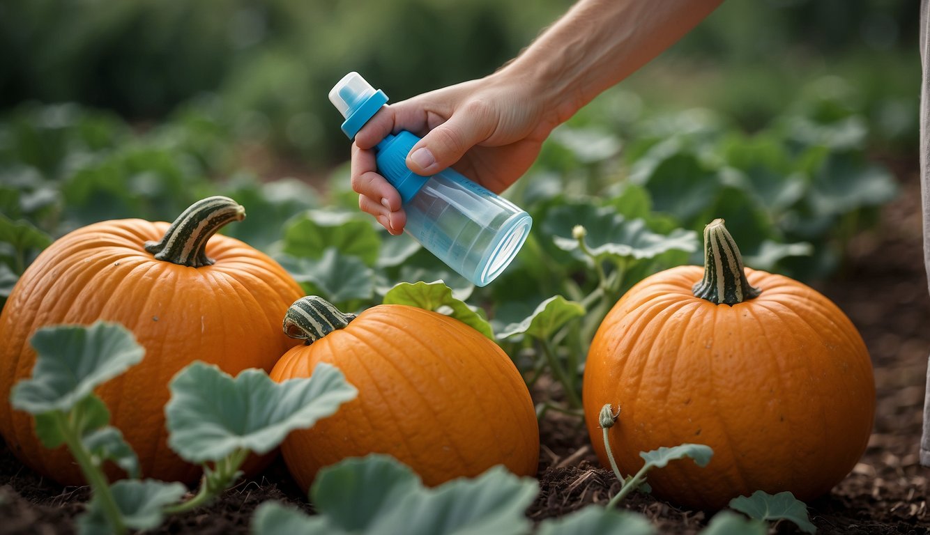 A hand holding a spray bottle applies antifungal treatment to a pumpkin plant, preventing future infections