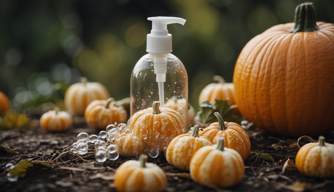 A pumpkin covered in white fungus is being treated with a spray bottle