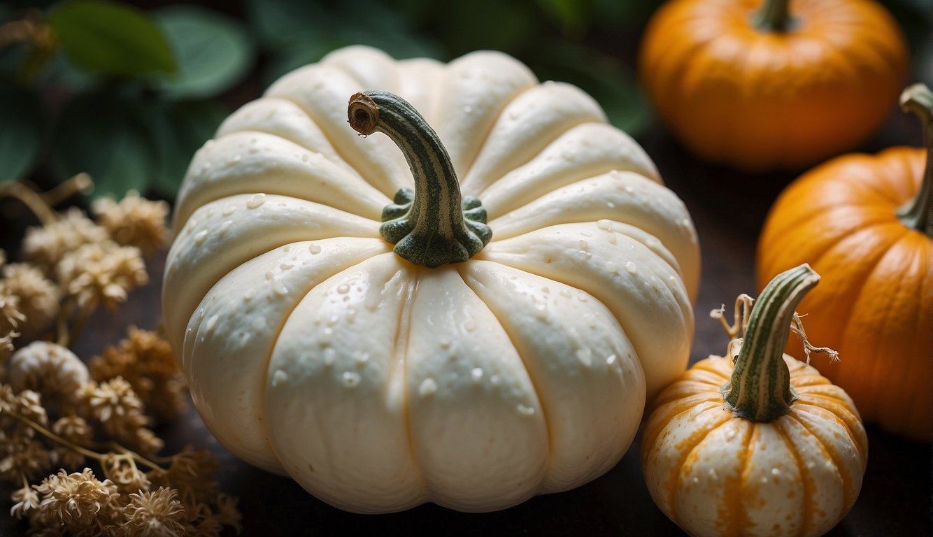 A pumpkin covered in white fungus, surrounded by various treatment options and a list of frequently asked questions