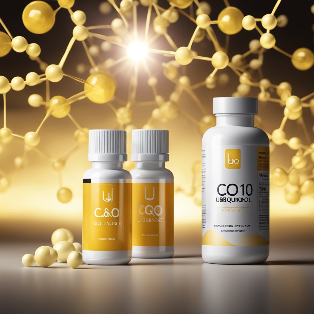 A bottle of Ubiquinol and CoQ10 sit side by side, with molecular structures floating around them. A bright spotlight shines on the two supplements, highlighting their importance