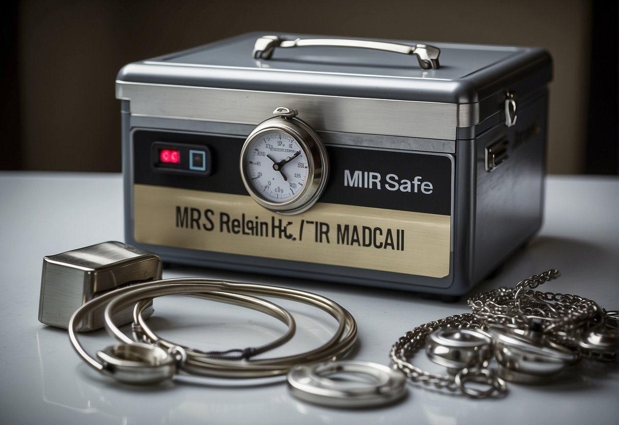A jewelry box labeled "MRI Safe" sits on a hospital table, surrounded by medical equipment and a sign prohibiting metal objects