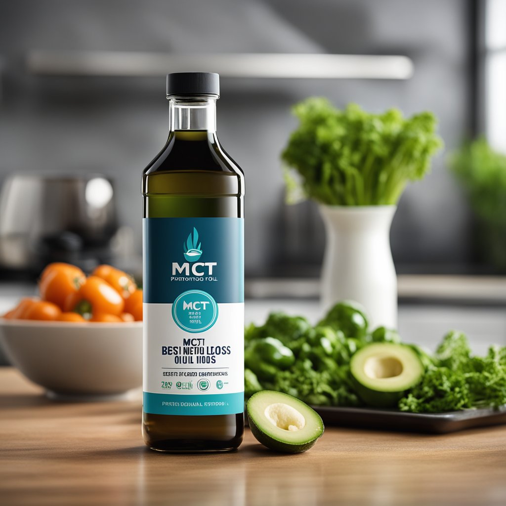 A bottle of MCT oil sits on a kitchen counter, surrounded by fresh vegetables and a blender. The label prominently displays "Best MCT Oil for Weight Loss."