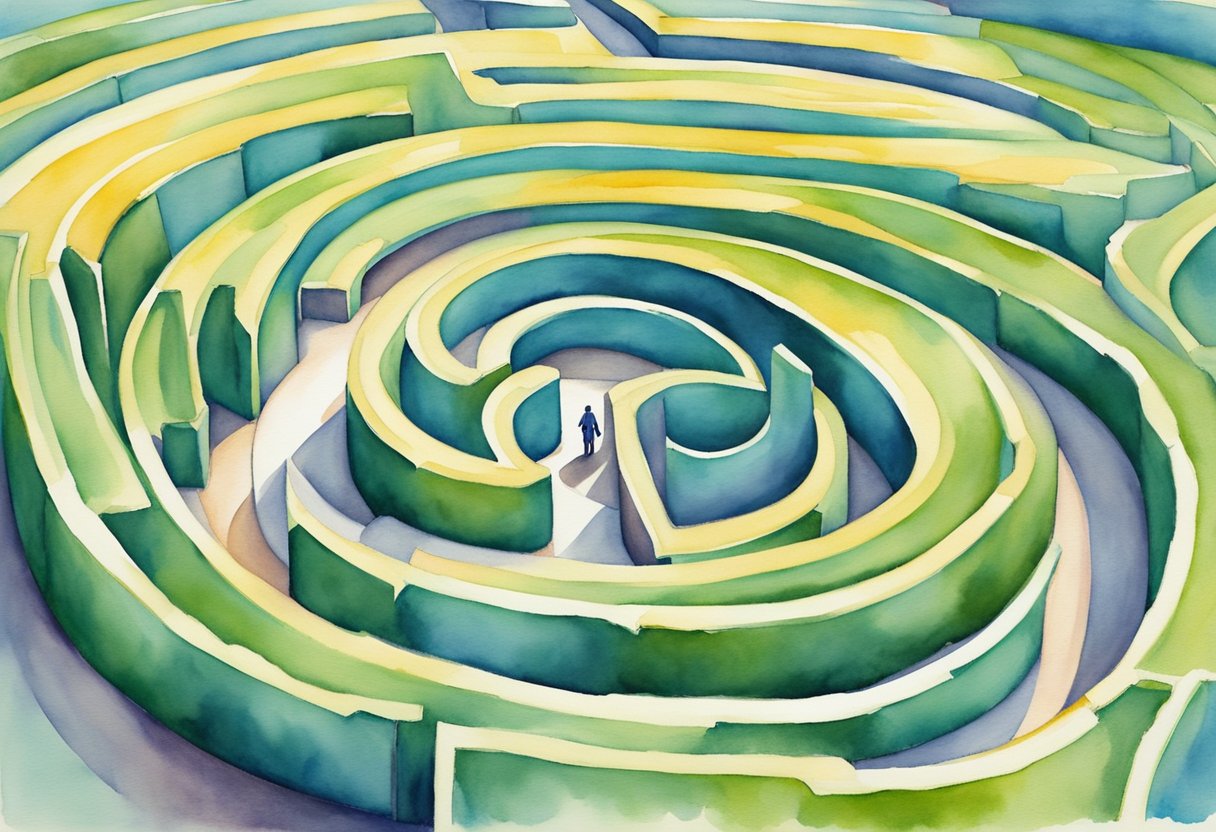 A figure stands strong, facing a winding path through a maze of obstacles, symbolizing the challenges of survivorship after overcoming cancer