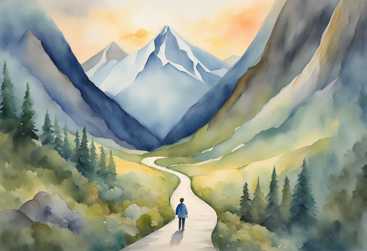 A figure stands tall, facing a winding path with obstacles. They carry a torch, symbolizing resilience and hope. In the background, a mountain looms, representing the challenges of survivorship