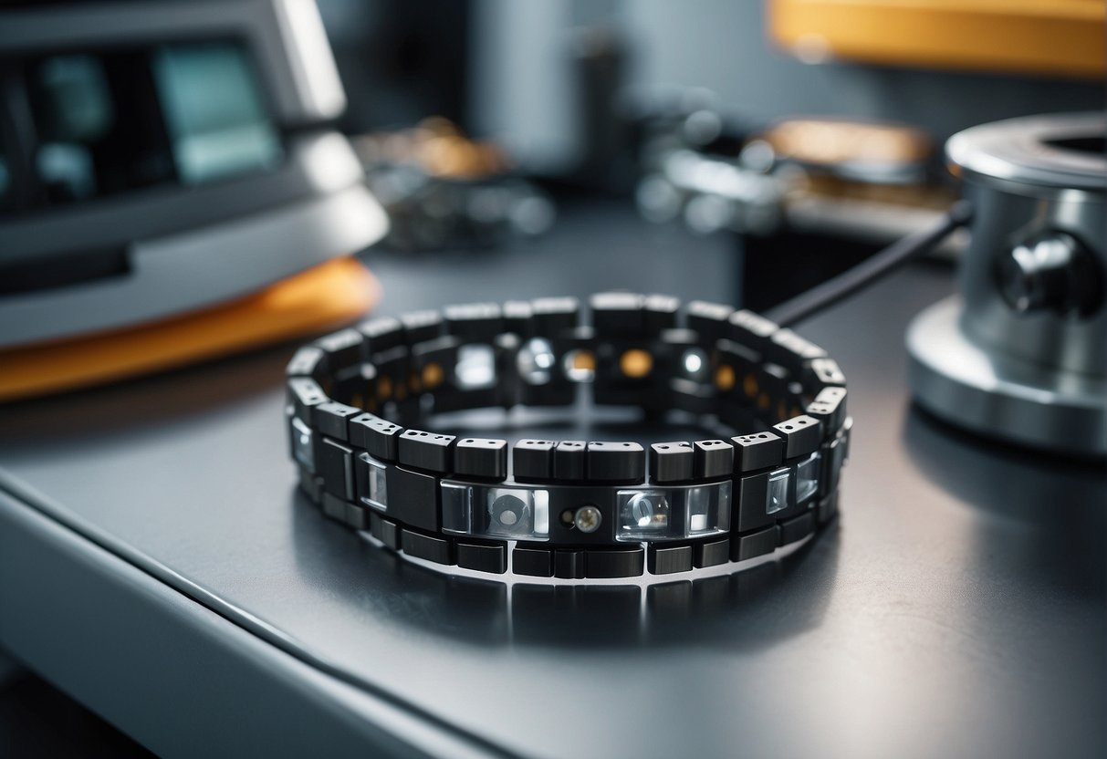 A magnetic bracelet is being tested in a laboratory setting. Instruments are measuring its effectiveness and safety