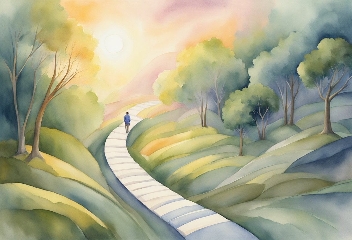 A person receiving a diagnosis, undergoing treatment, and navigating survivorship challenges, symbolized by a winding path with obstacles and a shining light at the end