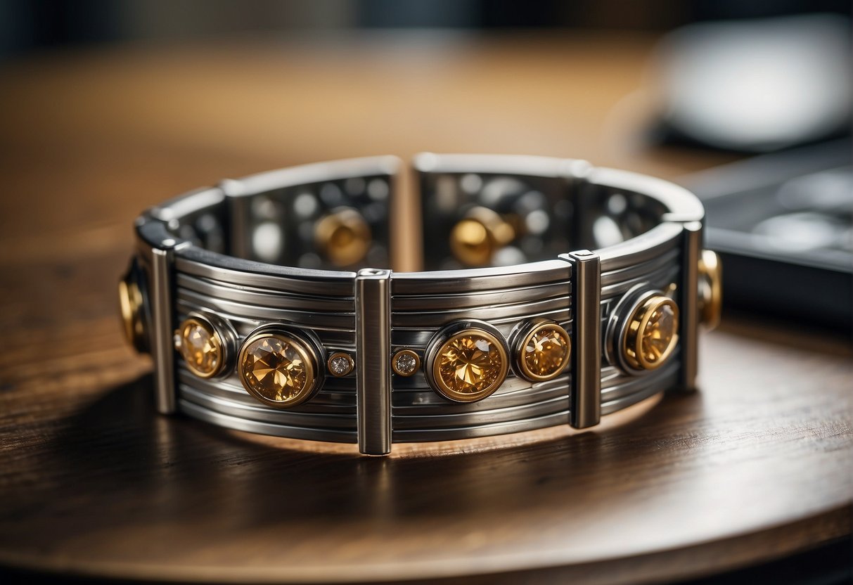 A magnetic bracelet attracting metal objects on a table